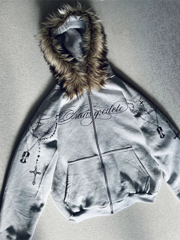 Fluffy Trim Long Sleeve Full Zip Casual Hoodie
