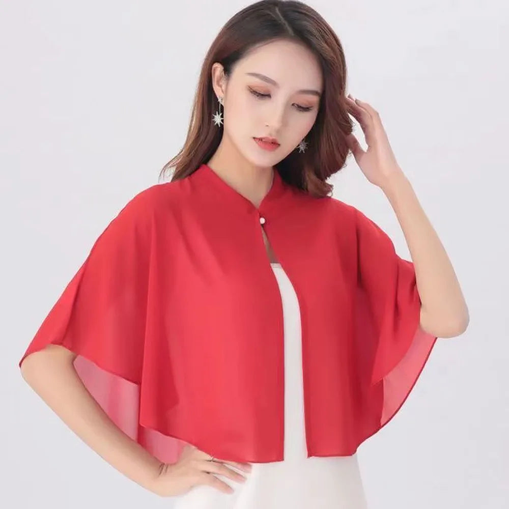 Short Clasp Front Chiffon Cape for Layering over Outfits
