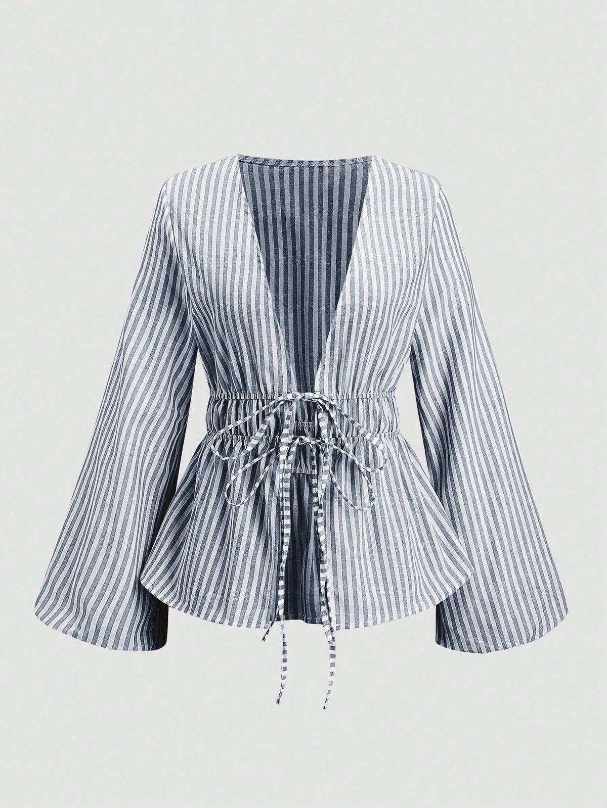 Women's Striped Wrap Blouse with Back Tie and Wide Sleeves