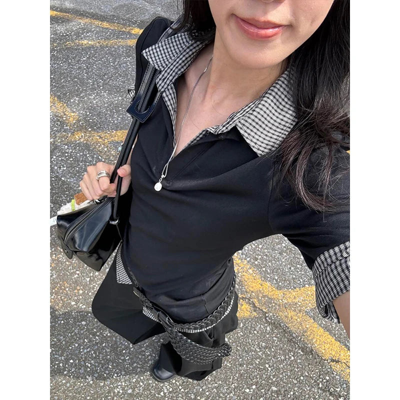 Women's Contrast Collar Layered Look Half Sleeve Shirt