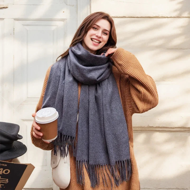 Solid Long Fringed Scarf for Draped Wrap Styling