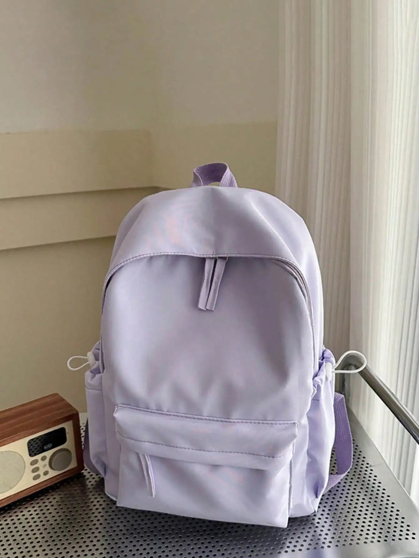 Solid Colour Student Backpack with Front Zipper Pocket and Top Handle