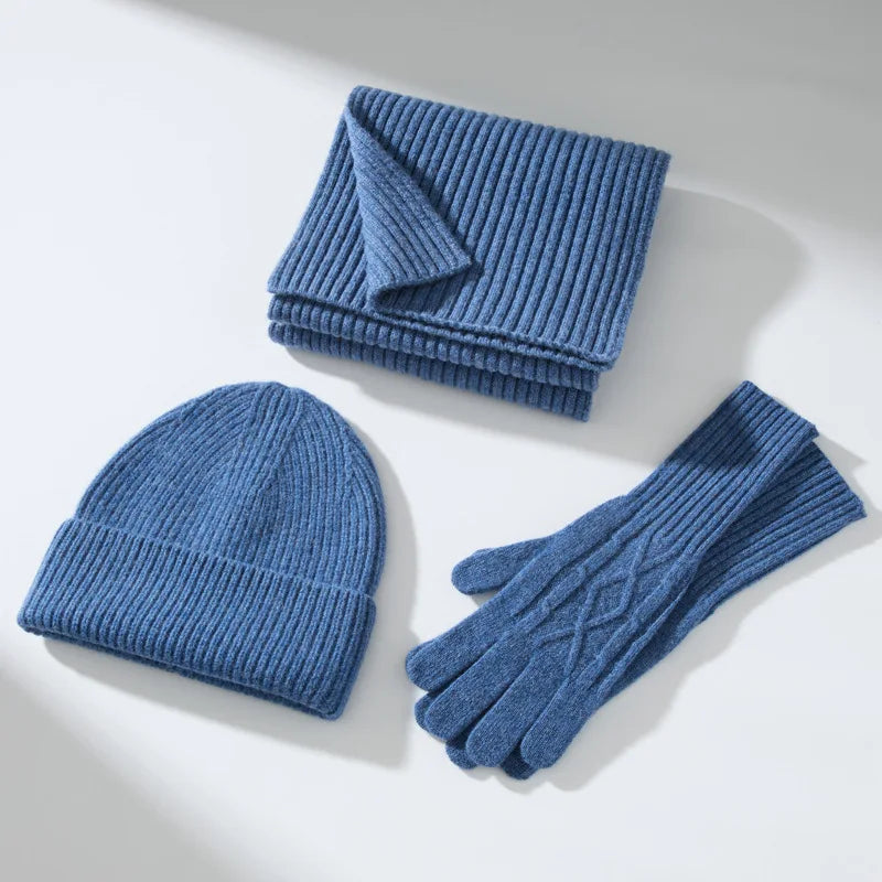 Ribbed Knitted Beanie Hat Scarf and Gloves Set for Winter Wear