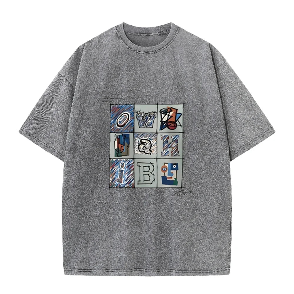Retro Abstract Alphabet Art T Shirt Picasso Inspired Print Washed Casual Streetwear