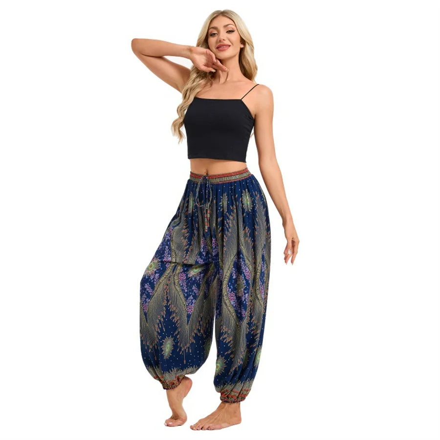 Women's Printed Rayon Harem Pants with Elastic Waist and Loose Gathered Legs