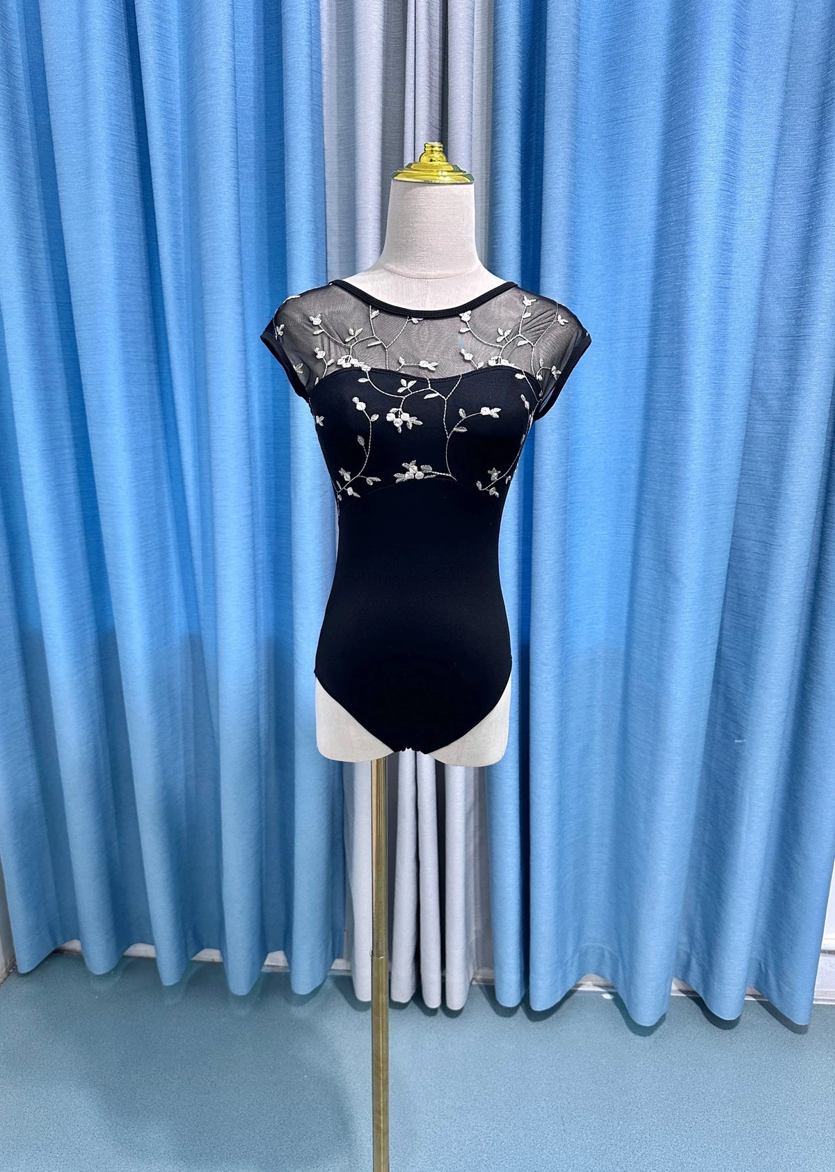 Women's Floral Embroidered Ballet Leotard with Mesh Upper and Open Back