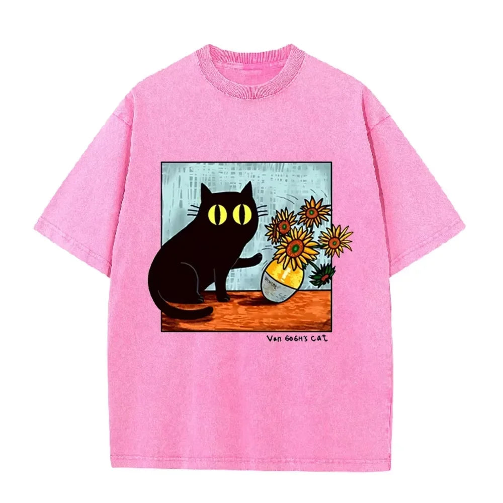 Funny Art Cat  Van Gogh's Cat Print Vintage Washed Blue Casual Graphic T Shirt