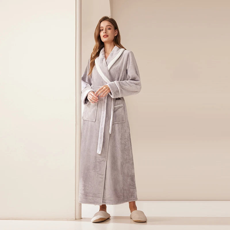 Long Flannel Fleece Tie Waist Bathrobe with Pockets