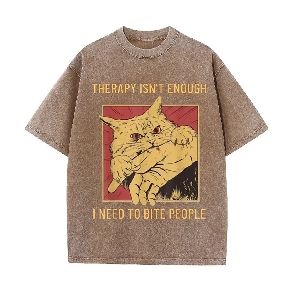Funny Cat Bite Hand herapy Isn't Enough Print Vintage Washed Black T Shirt