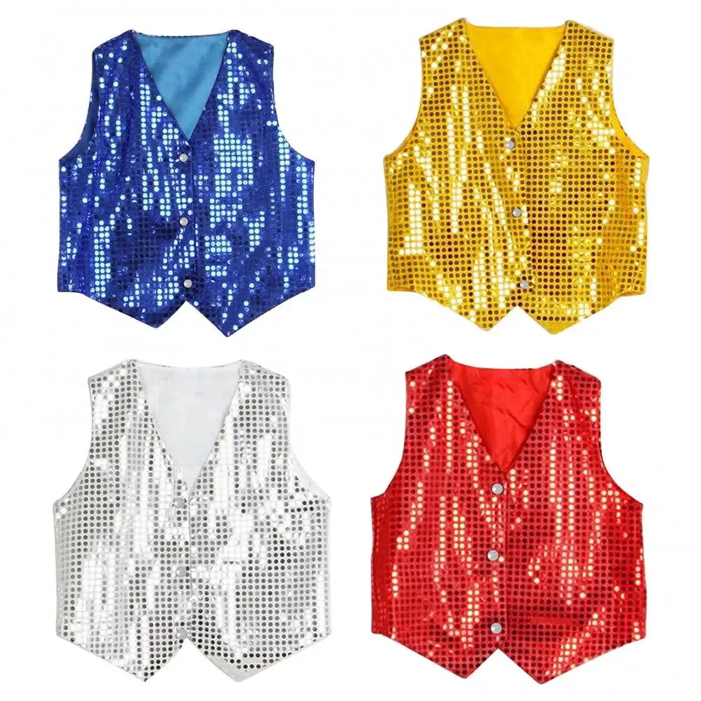 Children's Sequin Sleeveless Button Front Dance Performance Waistcoat Vest