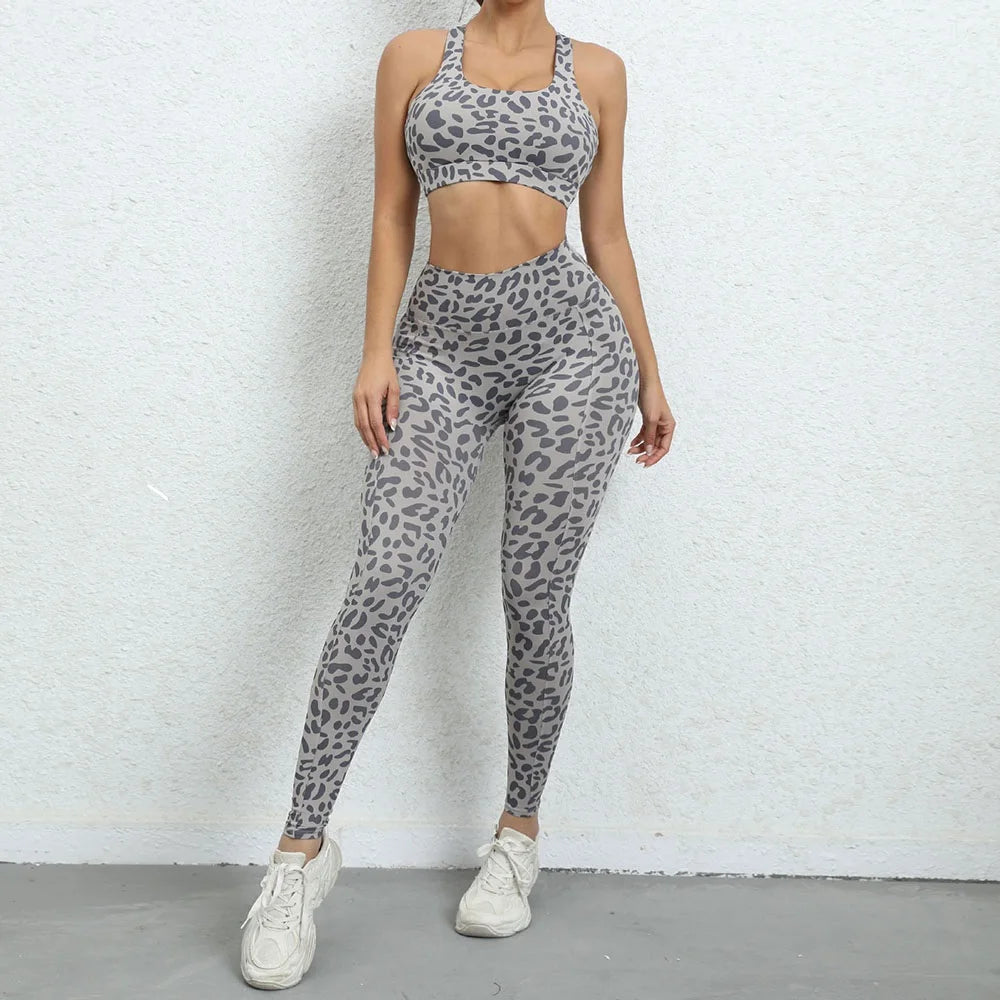 Women's Leopard-Print Sports Bra and Leggings Workout Set