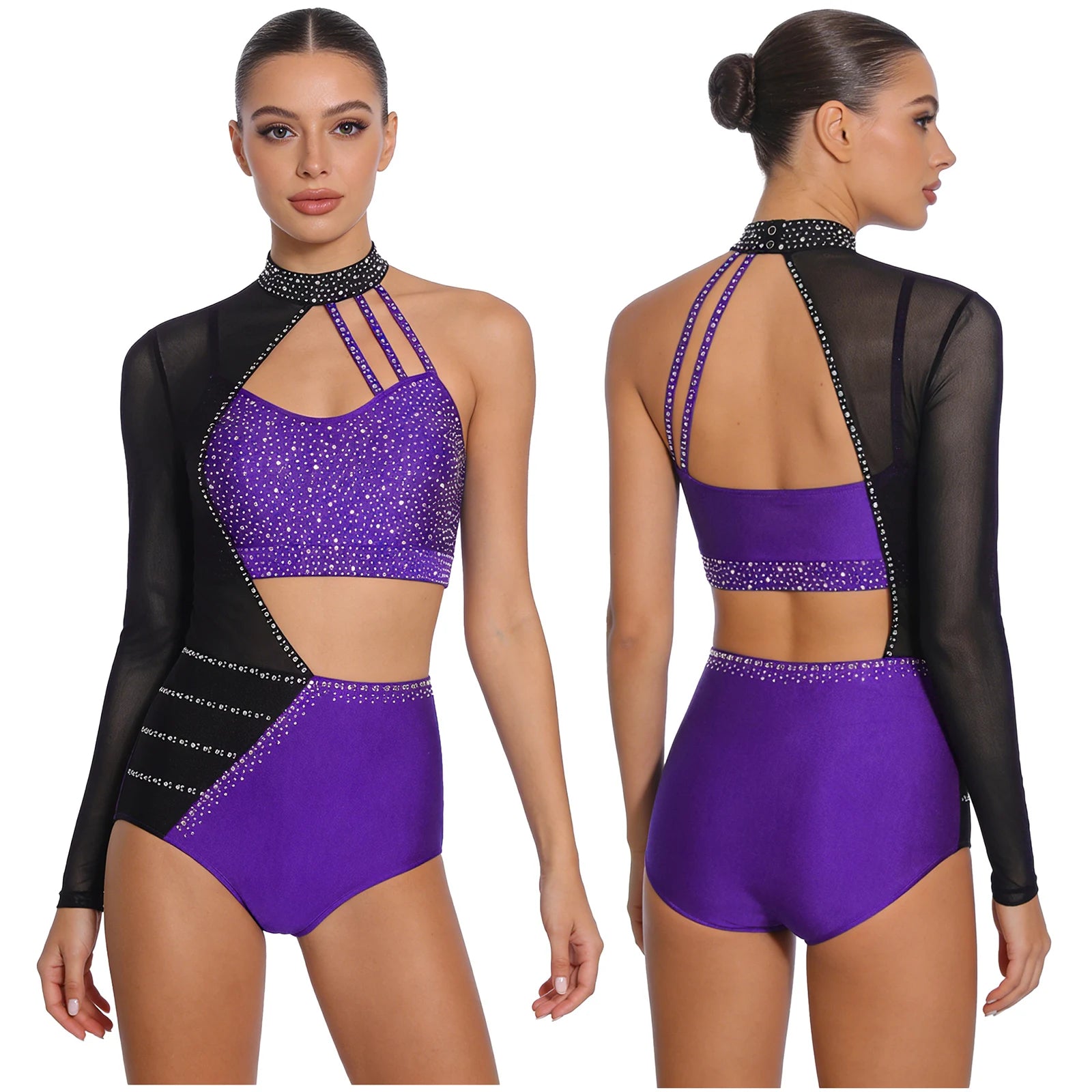 Women's Asymmetric Rhinestone Dance Bodysuit with Cutouts and Mesh Sleeve