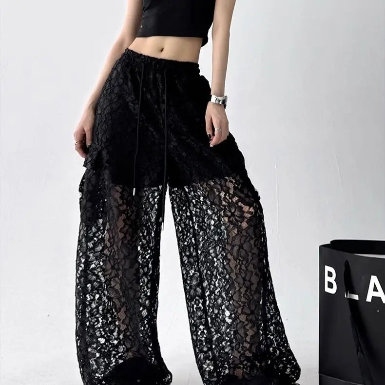 Women's Wide Leg Lace Pants with Short Lining and Pockets