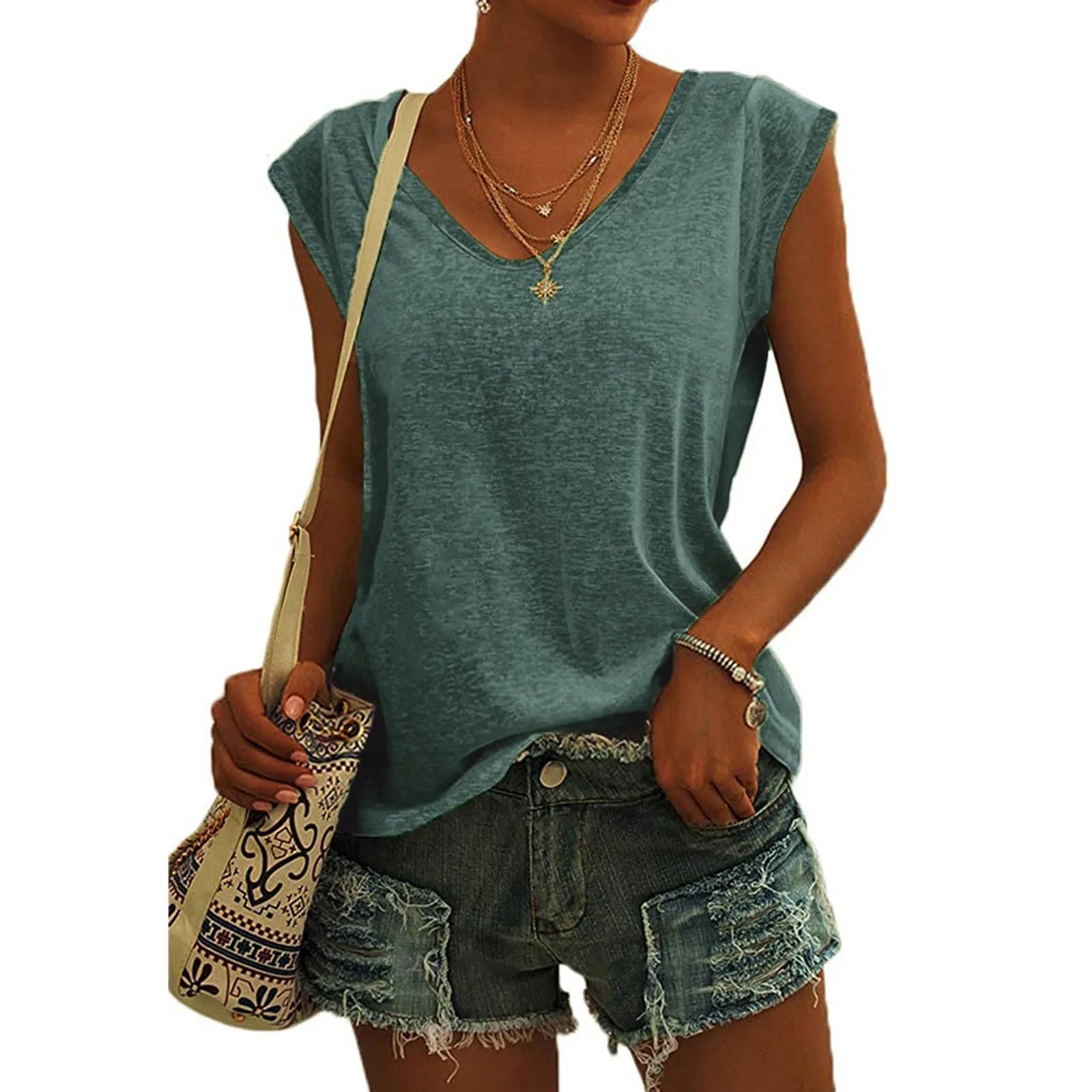 Women's V Neck Polyester Tank Top with Relaxed Sleeveless Cut
