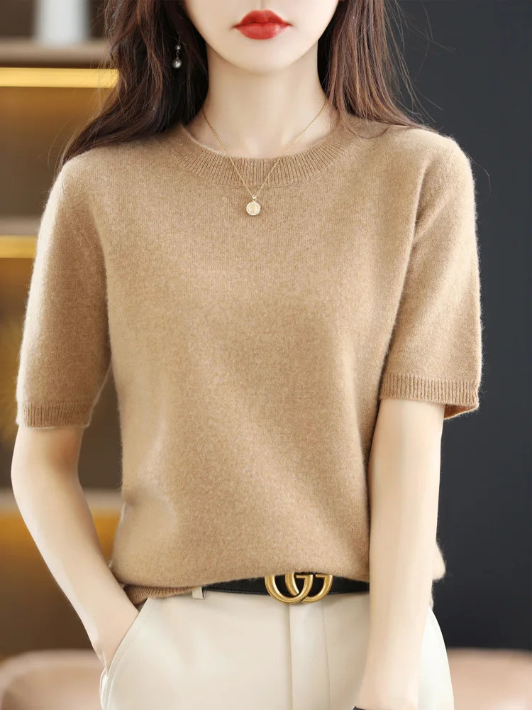 Women's Crew Neck Short Sleeve Sweater Casual Knit Layer