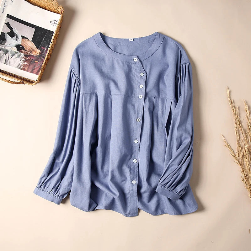 Women's Linen-Rayon Long-Sleeve Loose Round-Neck Blouse with Button Detail for Casual Outfits