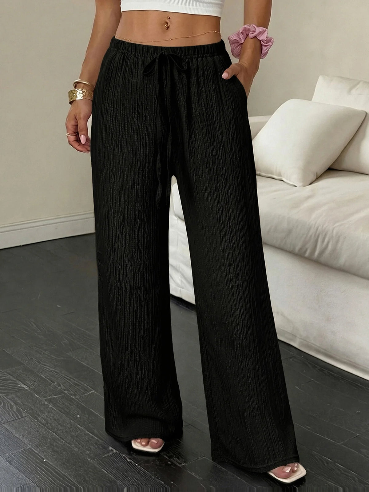 Women's Crinkle Textured Polyester Blend Palazzo Pants with Elastic Waist