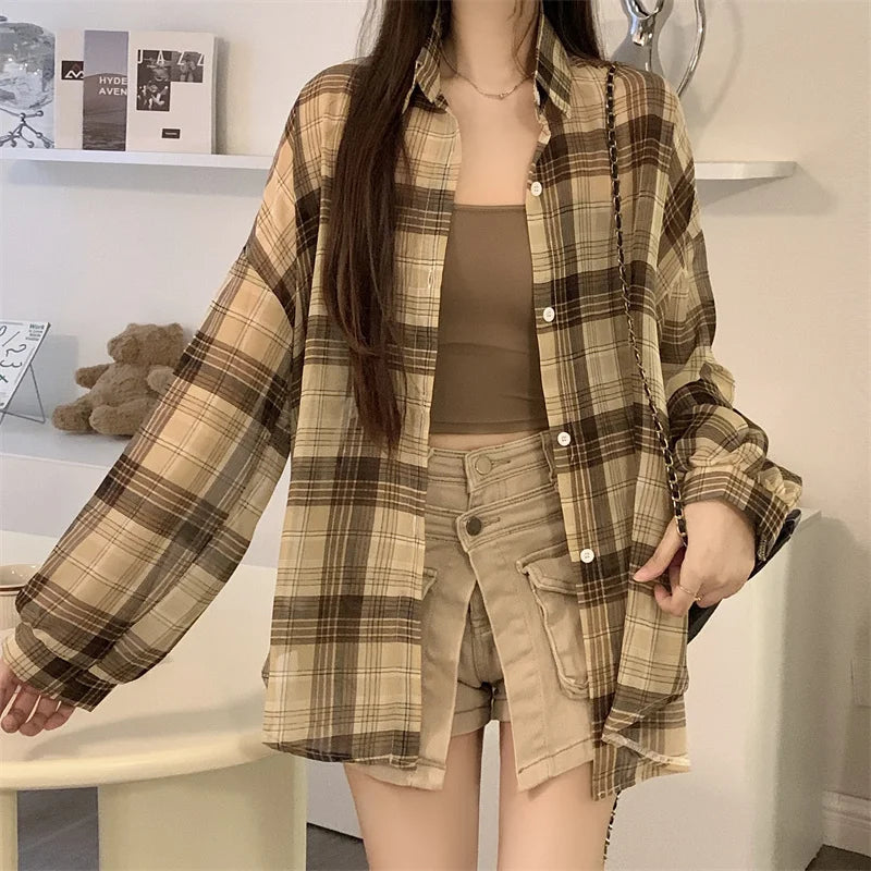 Women's Sheer Checked Short Sleeve Button Front Shirt