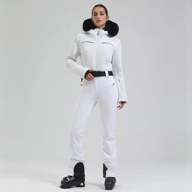 Hooded Long Sleeve Belted One Piece Ski Snow Jumpsuit
