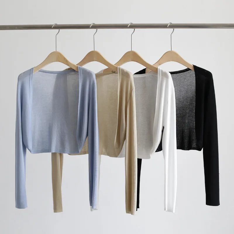Women's Sheer Cropped Open Front Cardigan Casual Knit Layer