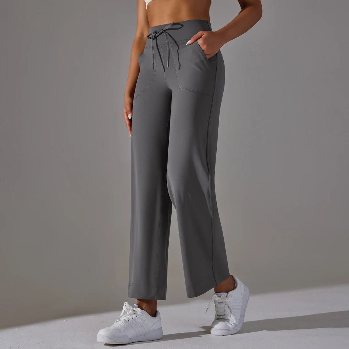 Women's Drawstring Waist Nylon Blend Cropped Wide Leg Pants with Side Pockets