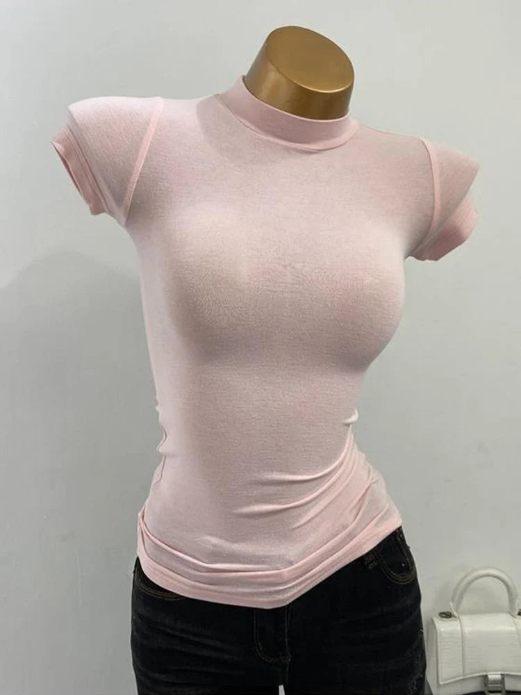 Sheer Mock Neck Short Sleeve Fitted Casual T Shirt