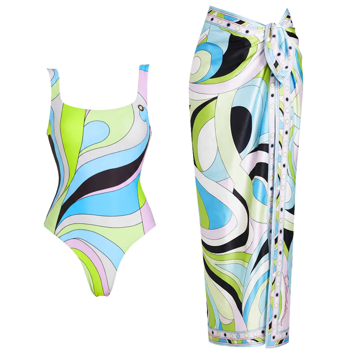 Printed Long Sleeve Swimsuit with Matching Skirt