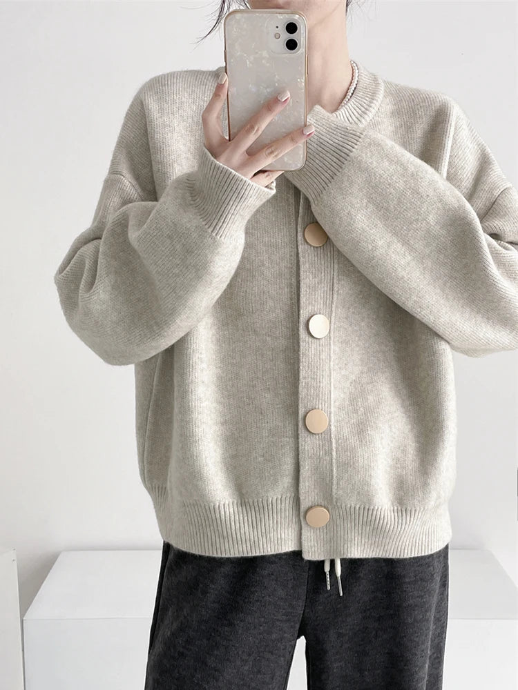 Women's Large Button Crew Neck Cardigan Casual Knit Layer