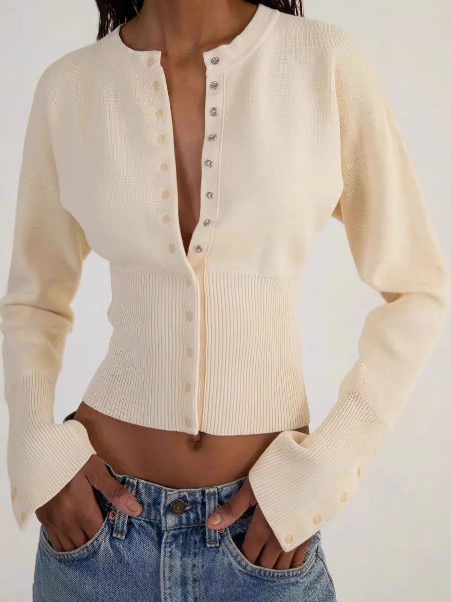 Women's Crew Neck Button Front Cardigan Casual Knit Layer