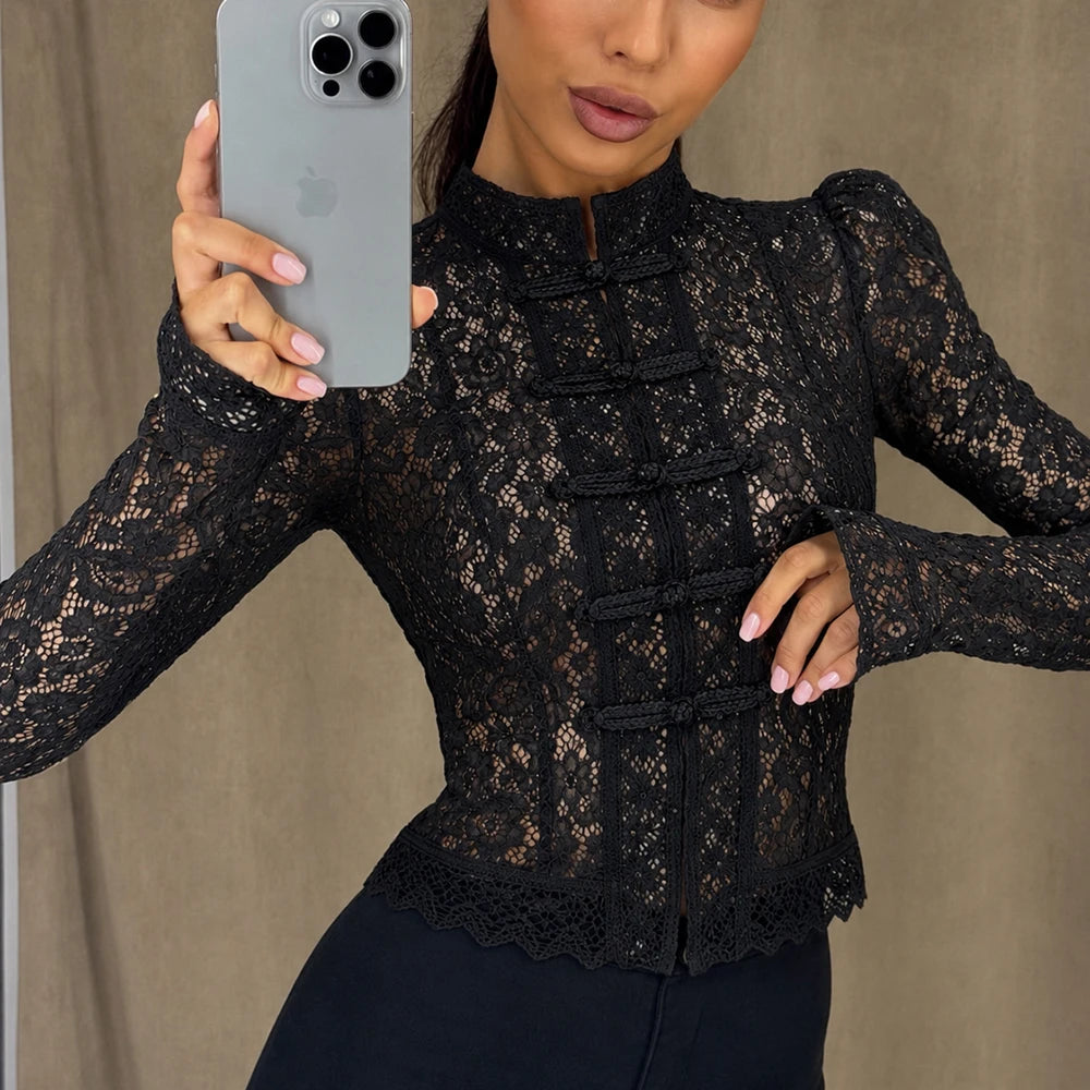 Women's Lace Stand Collar Long Sleeve Button Front Blouse