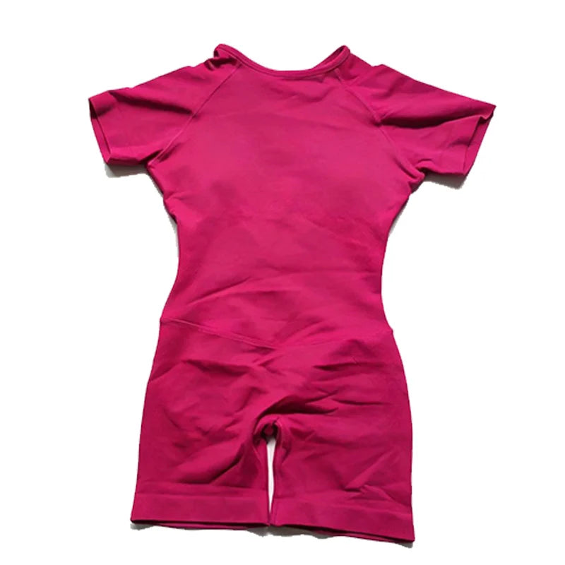 Women's Short Sleeve Nylon Workout Romper with Open Back and Fitted Shorts