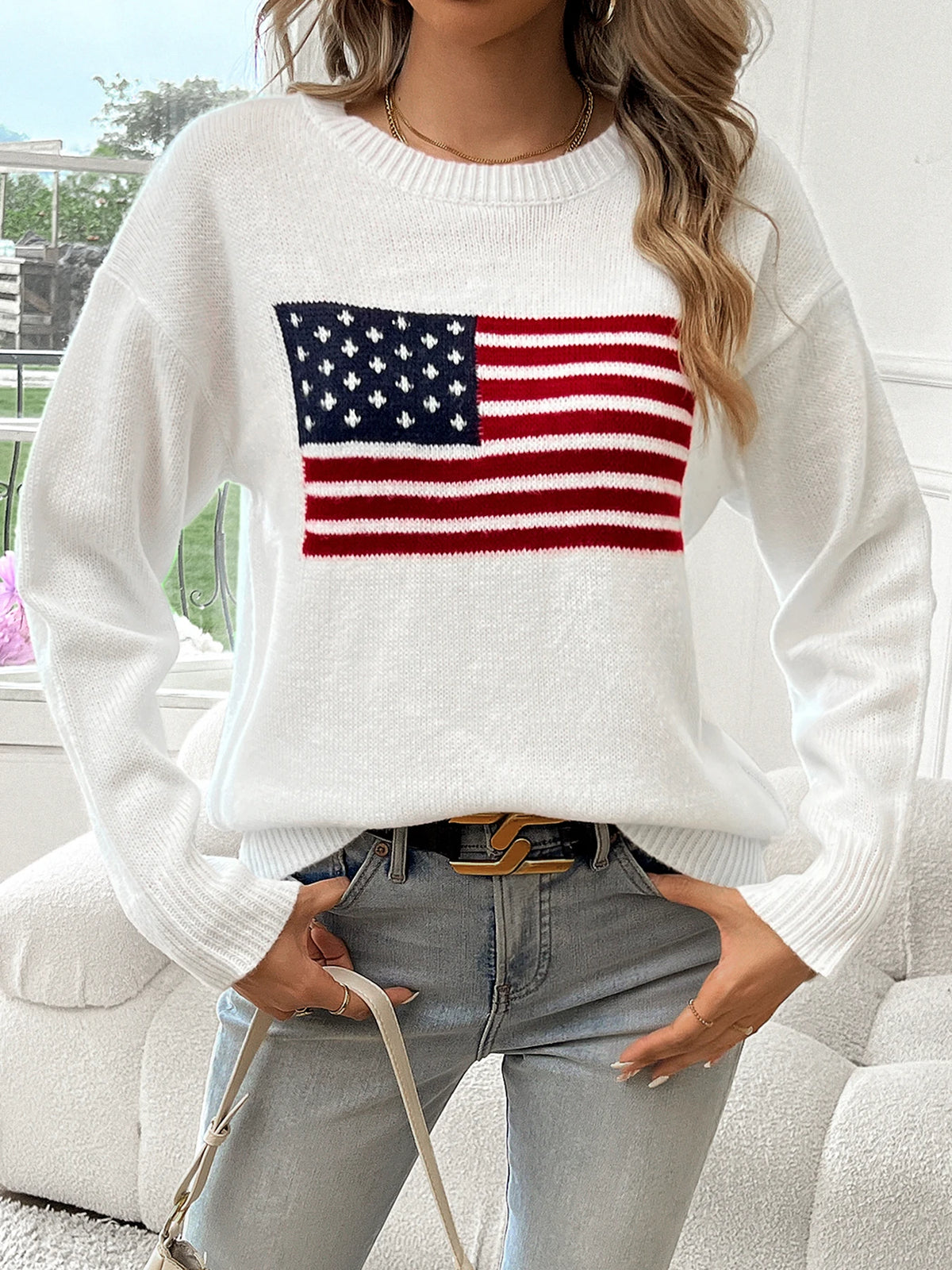 Women's Flag Graphic Crew Neck Sweater Casual Knit Layer