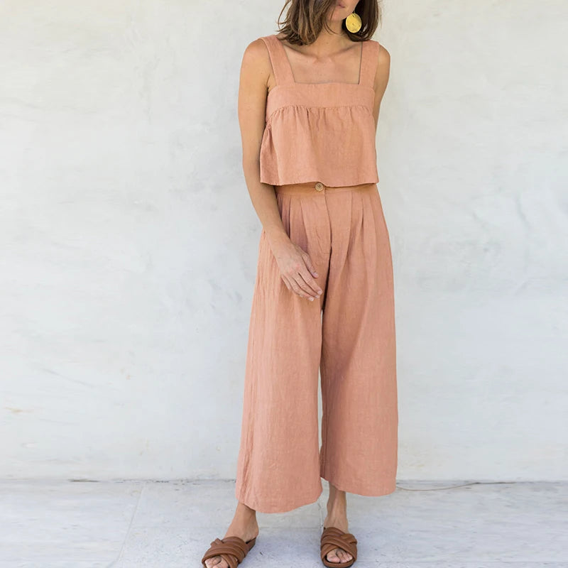 Women's Cotton-Linen Sleeveless Cropped Camisole Top with Button Detail for Summer Outfits
