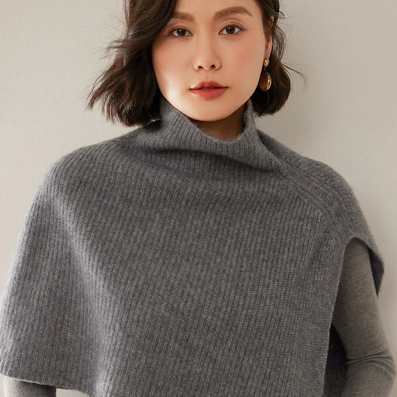 Short Turtleneck Ribbed Poncho for Layering over Outfits