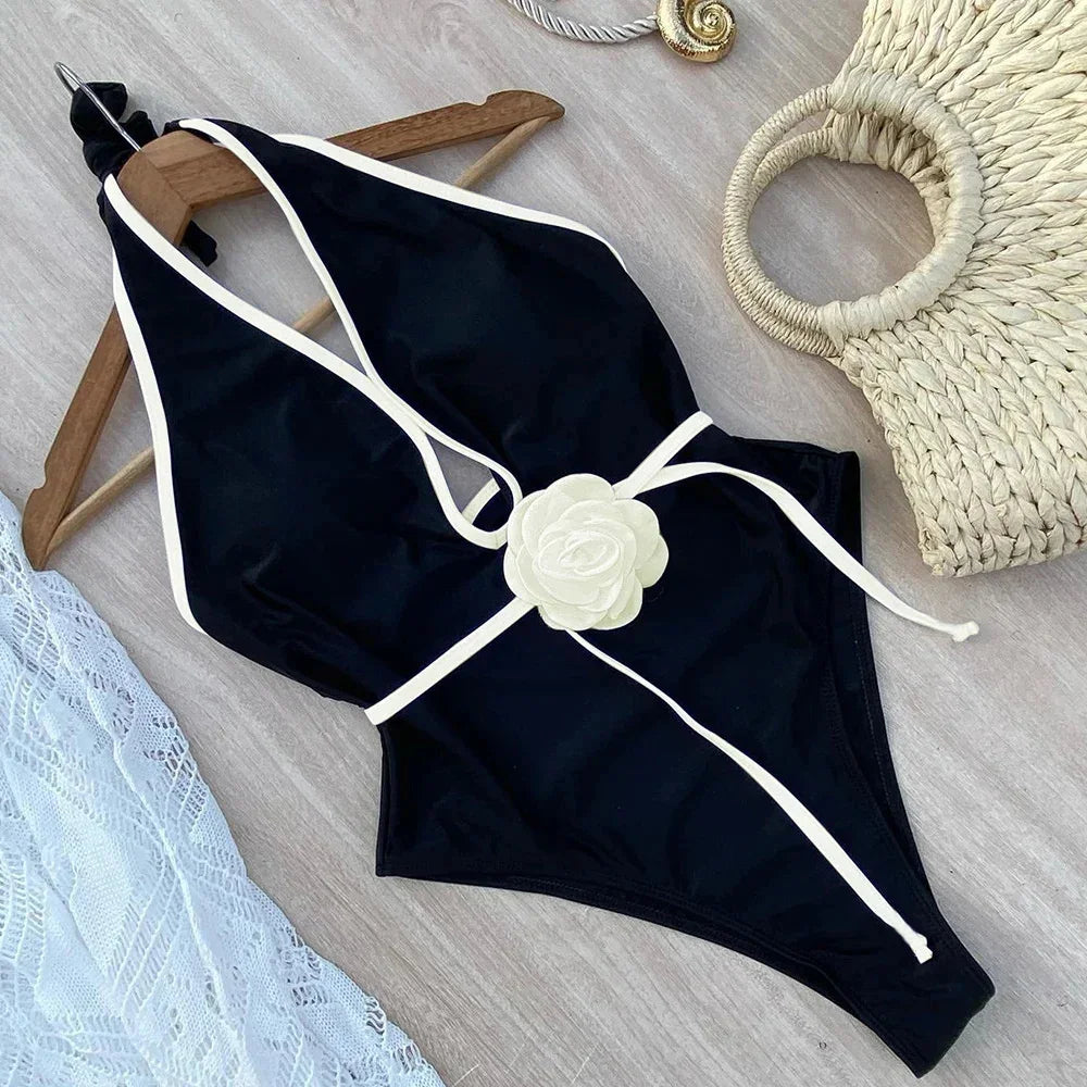 Flower Detail Halter One-Piece Swimsuit