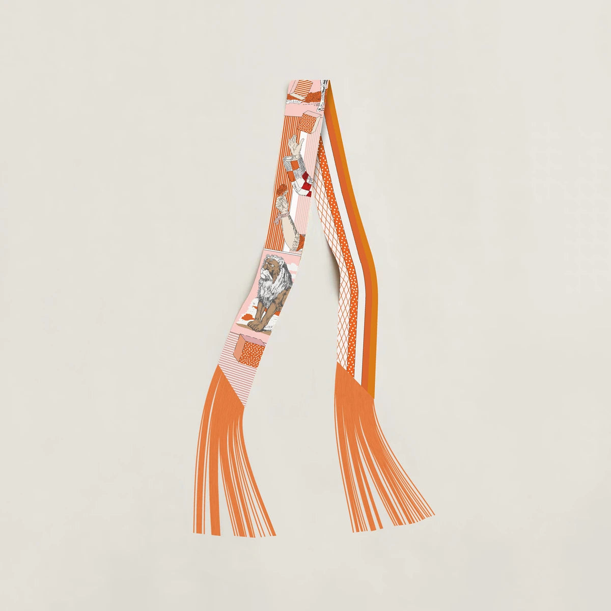Printed Narrow Ribbon Scarf with Decorative Fringed Ends
