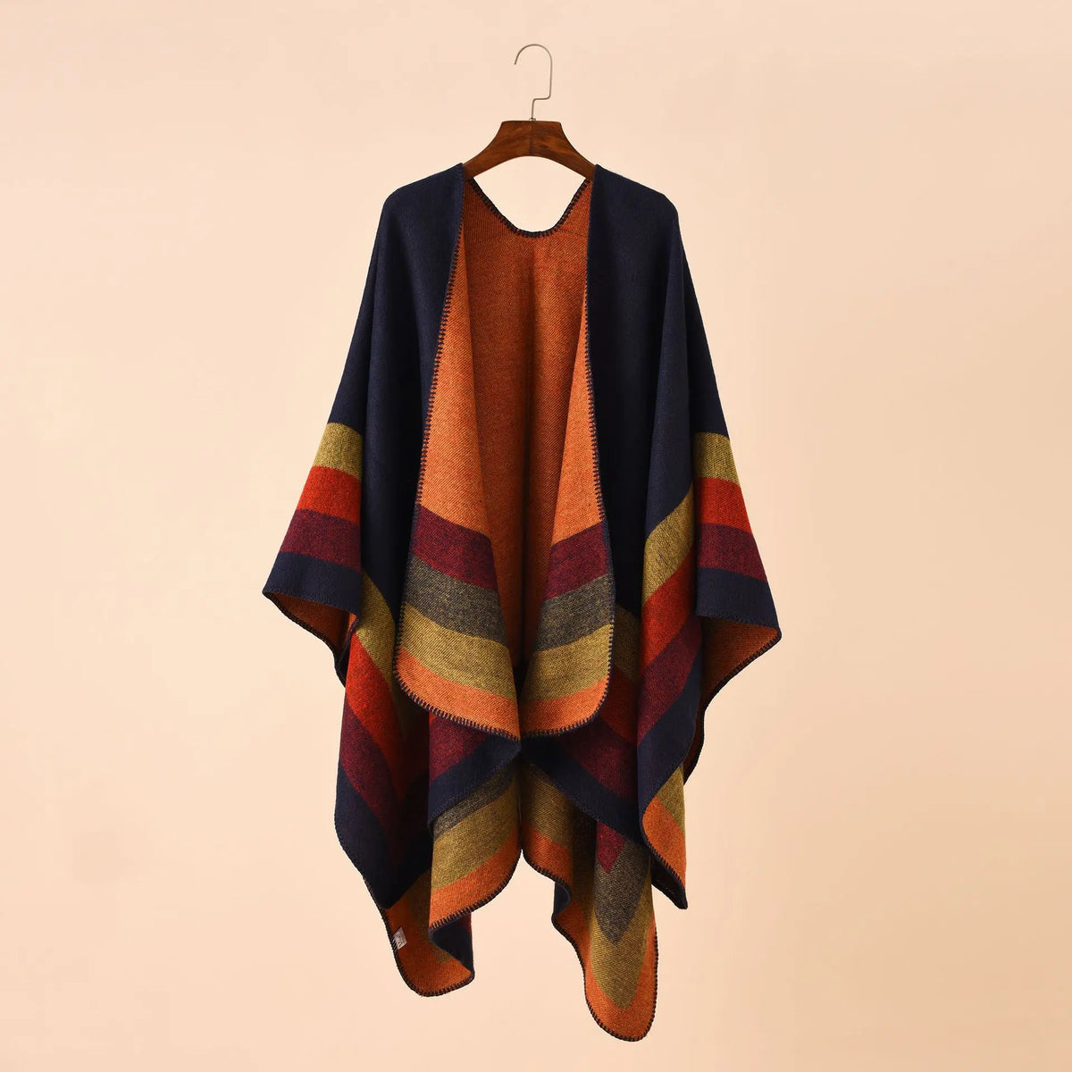 Block Stripe Open Front Poncho for Layering over Outfits