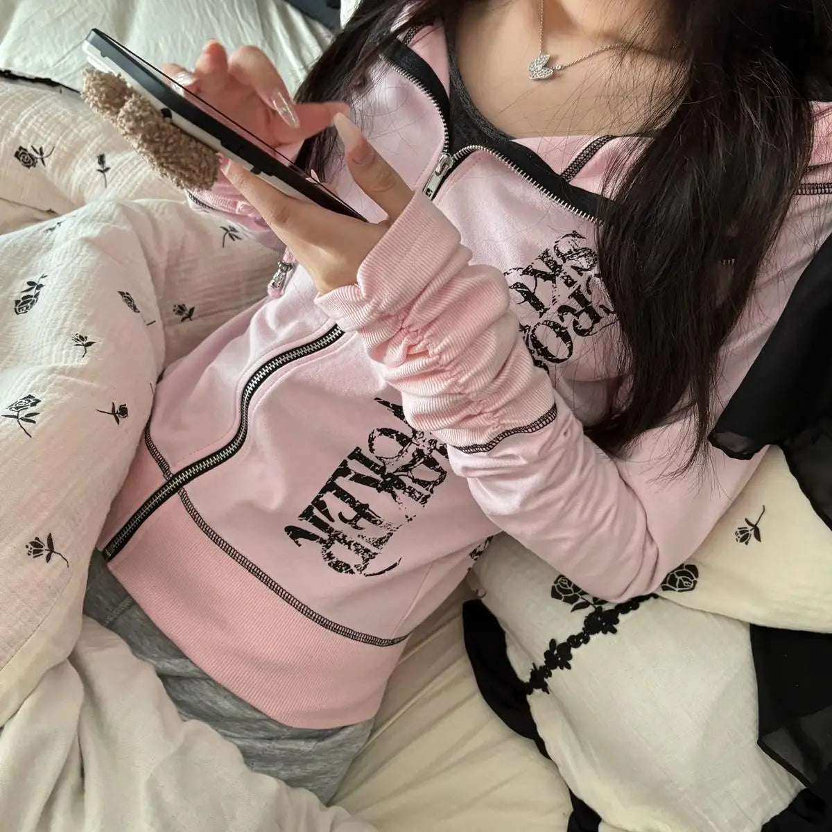 Graphic Long Sleeve Full Zip Casual Hoodie for Layering