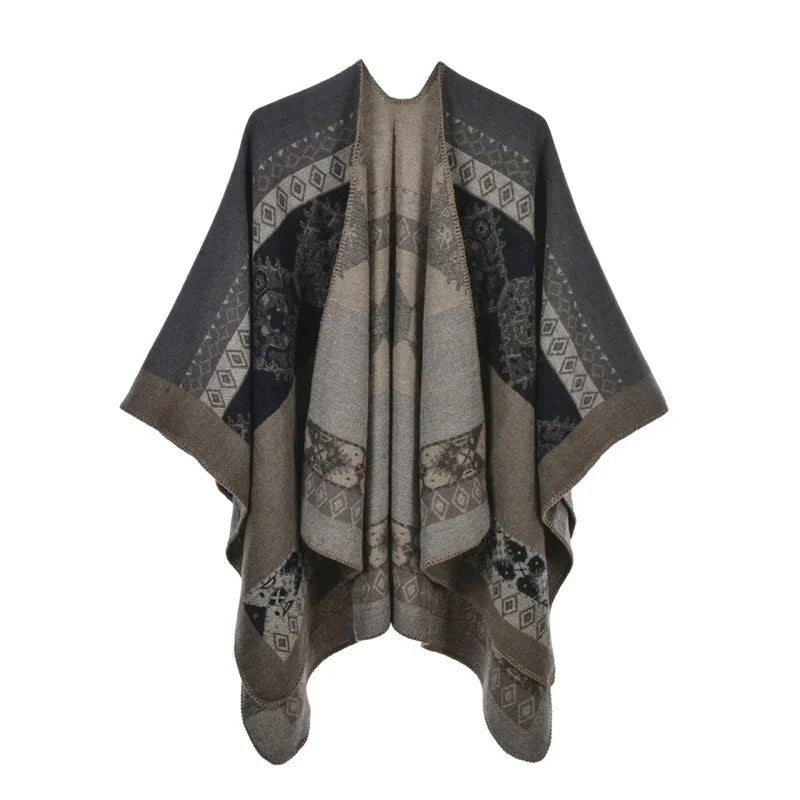 Patterned Fringed Open Front Poncho for Layering over Outfits
