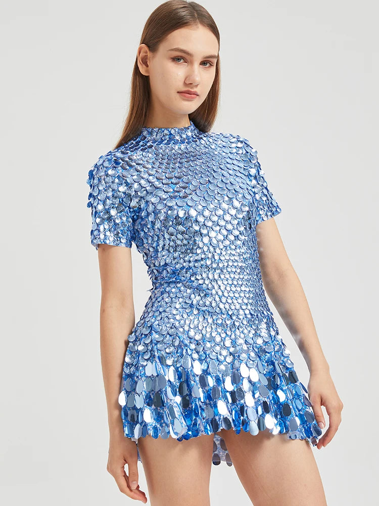 Women's Disc Sequin Mini Dance Dress with Short Sleeves and High Neck