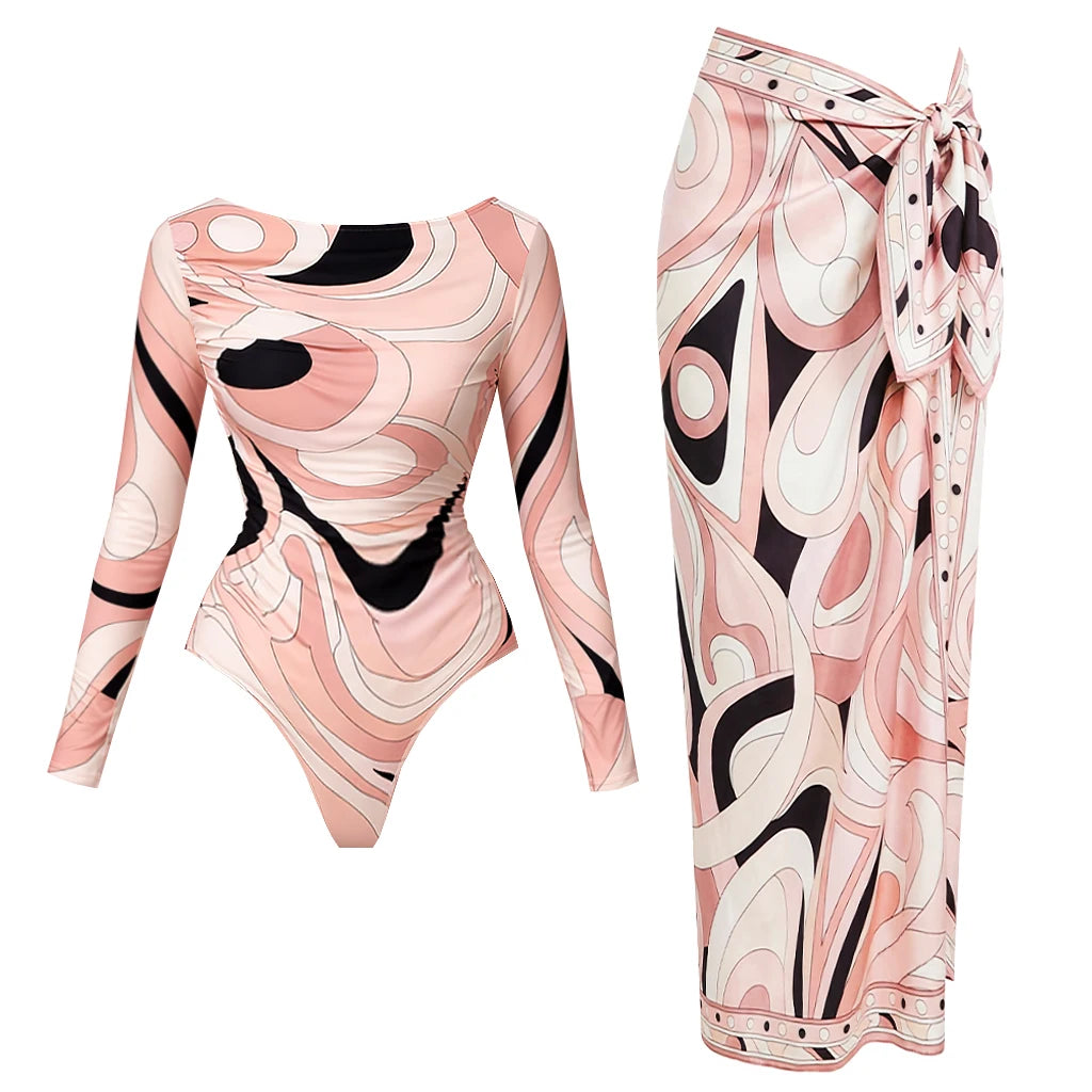 Printed Long Sleeve Swimsuit with Matching Skirt