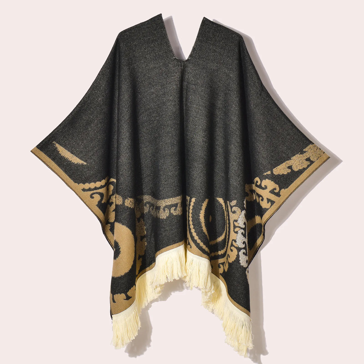 Geometric Pattern Fringe Poncho for Layering over Outfits