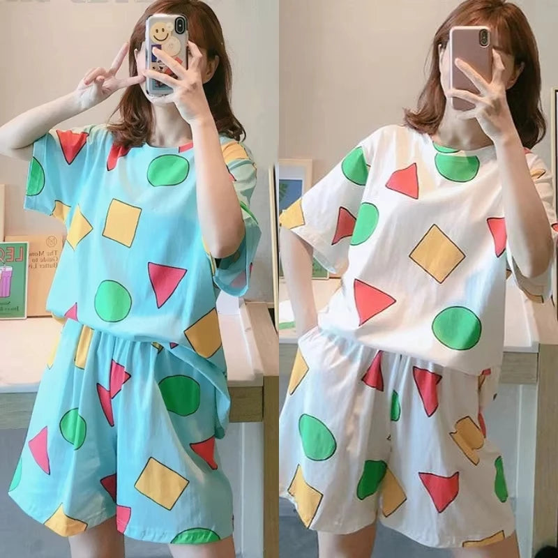Women's Geometric Print Short Sleeve Pajama Set with Top and Shorts