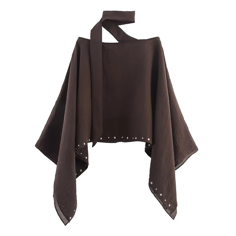 Cropped Stud Trim Cape with Asymmetric Draped Side Panels