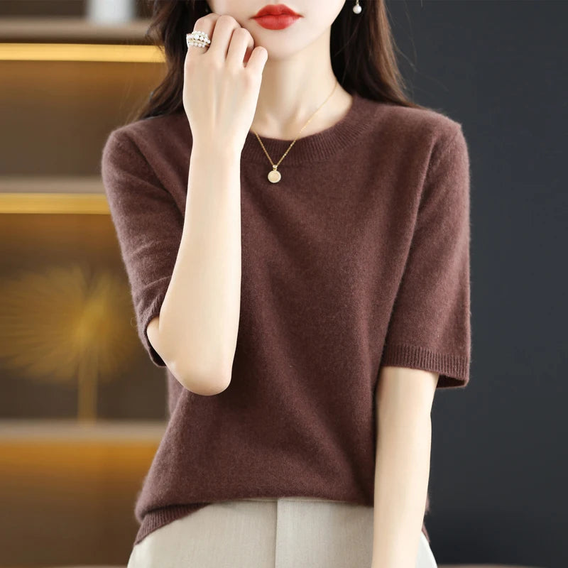 Women's Crew Neck Short Sleeve Sweater Casual Knit Layer
