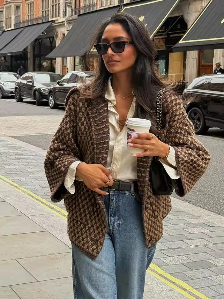 Women's Checked Button Front Shoulder Cape Cape Casual Knit Layer