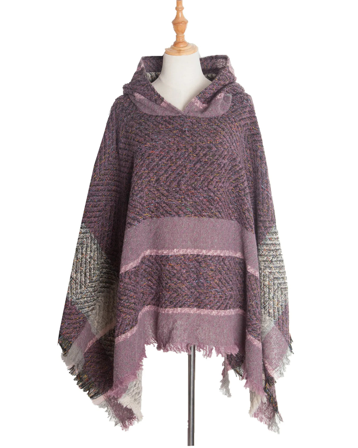 Hooded Herringbone Texture Poncho for Layering over Outfits