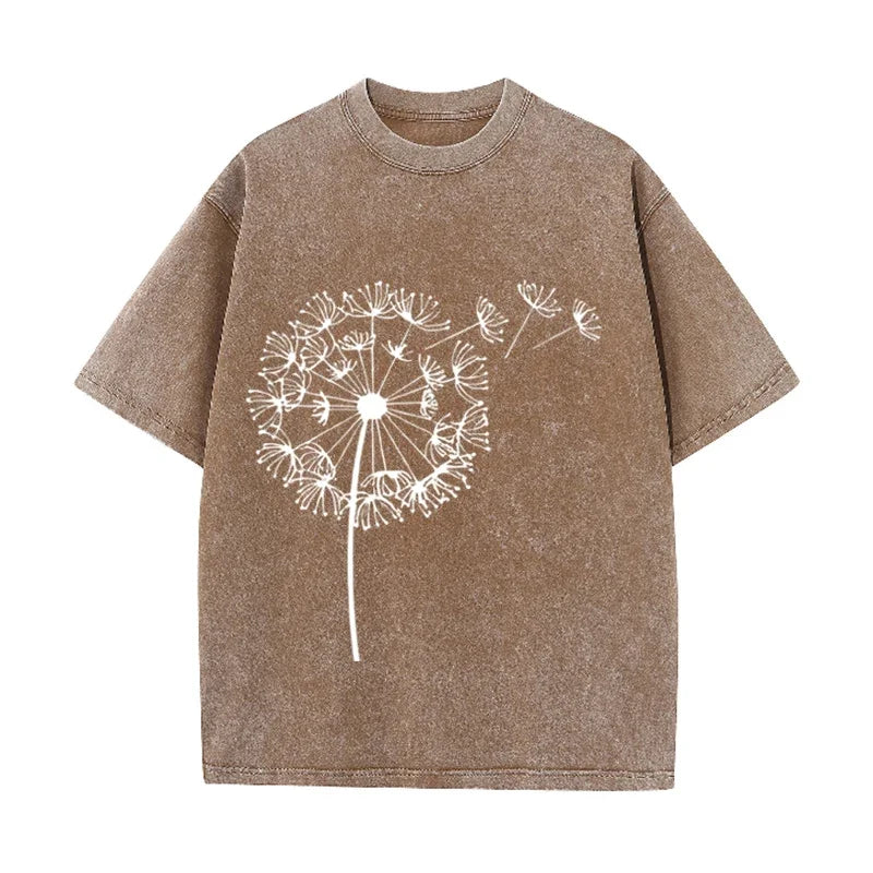 Dandelion Print Vintage Washed Brown T Shirt Casual Minimalist Streetwear Tee