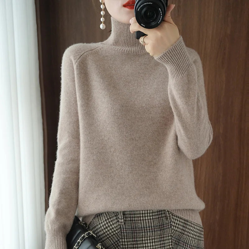 Women's Plain Ribbed Roll Neck Sweater Casual Knit Layer