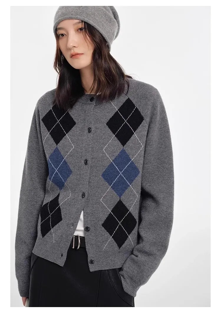 Autumn diamond-shaped cardigan women 100 pure cashmere sweater European high-end color-blocking knitted sweater coat